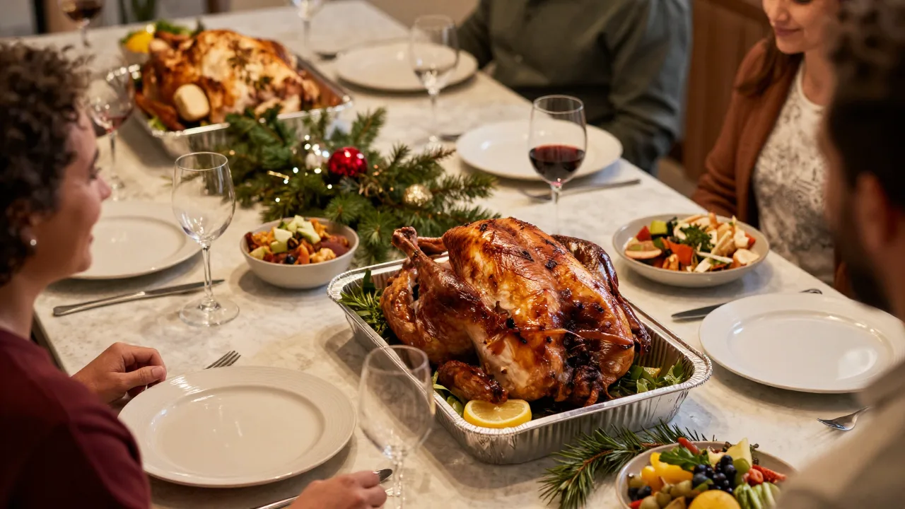 Packed holiday family meal kit on a counter with foil trays of roast turkey and sides ready for pickup, seasonal greenery nearby in warm light