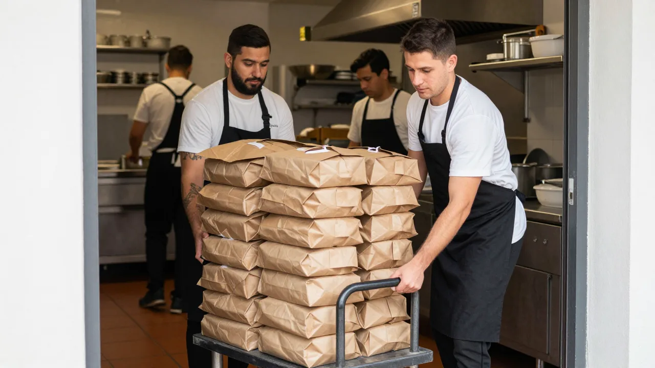 Restaurant staff loading stacked catering trays and bagged orders onto a rolling cart near a back exit during a busy midday shift