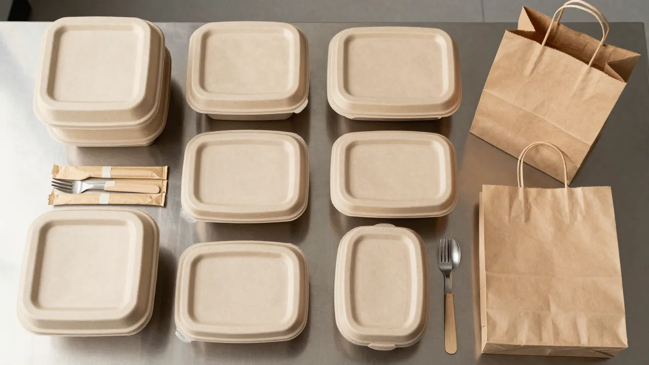 Overhead flat-lay of plain kraft takeout containers, lids, cutlery packs and paper bags arranged on a stainless steel prep table