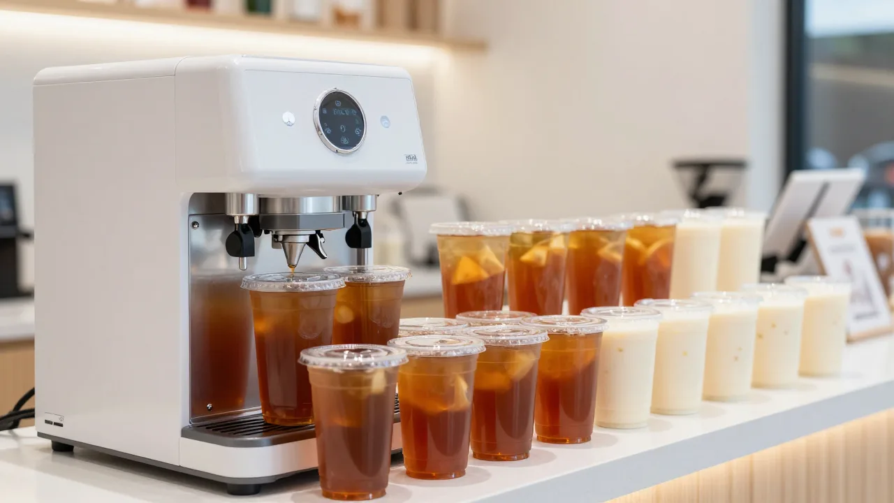 Drink station with a cup sealing machine and rows of filled clear cups of iced tea and milk tea moving toward a pickup counter in a bright modern shop